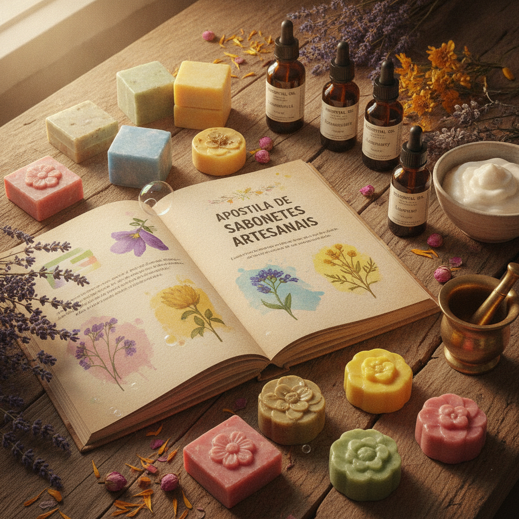 Apostila de Sabonetes Artesanais aberta com sabonetes feitos à mão e ingredientes ao redor.