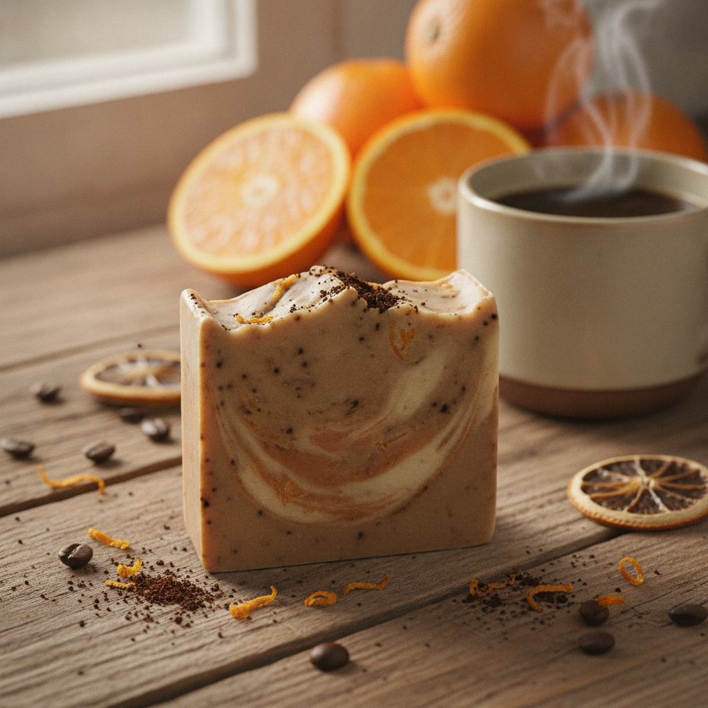 Sabonete artesanal esfoliante de café e laranja, exibindo textura e ingredientes naturais.