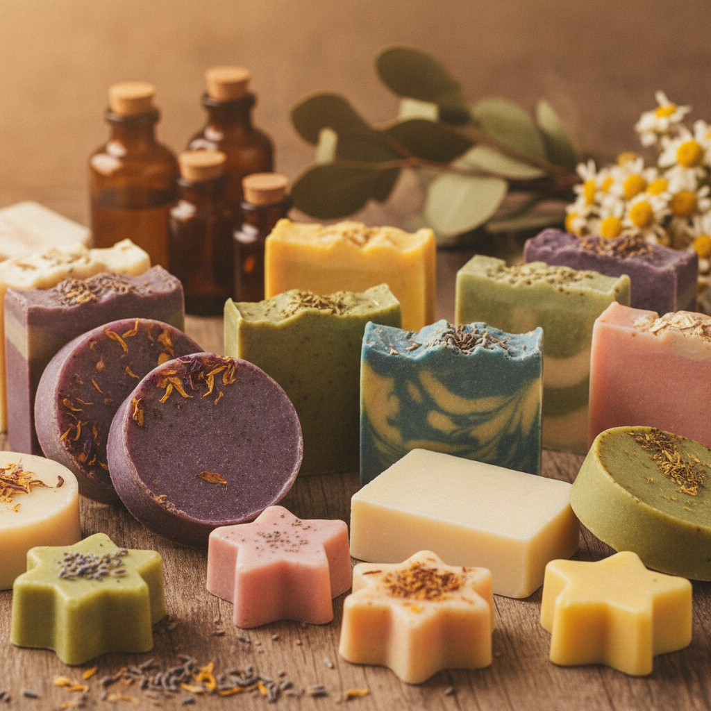 Sabonetes artesanais variados e coloridos, feitos em casa, com ingredientes naturais ao fundo.