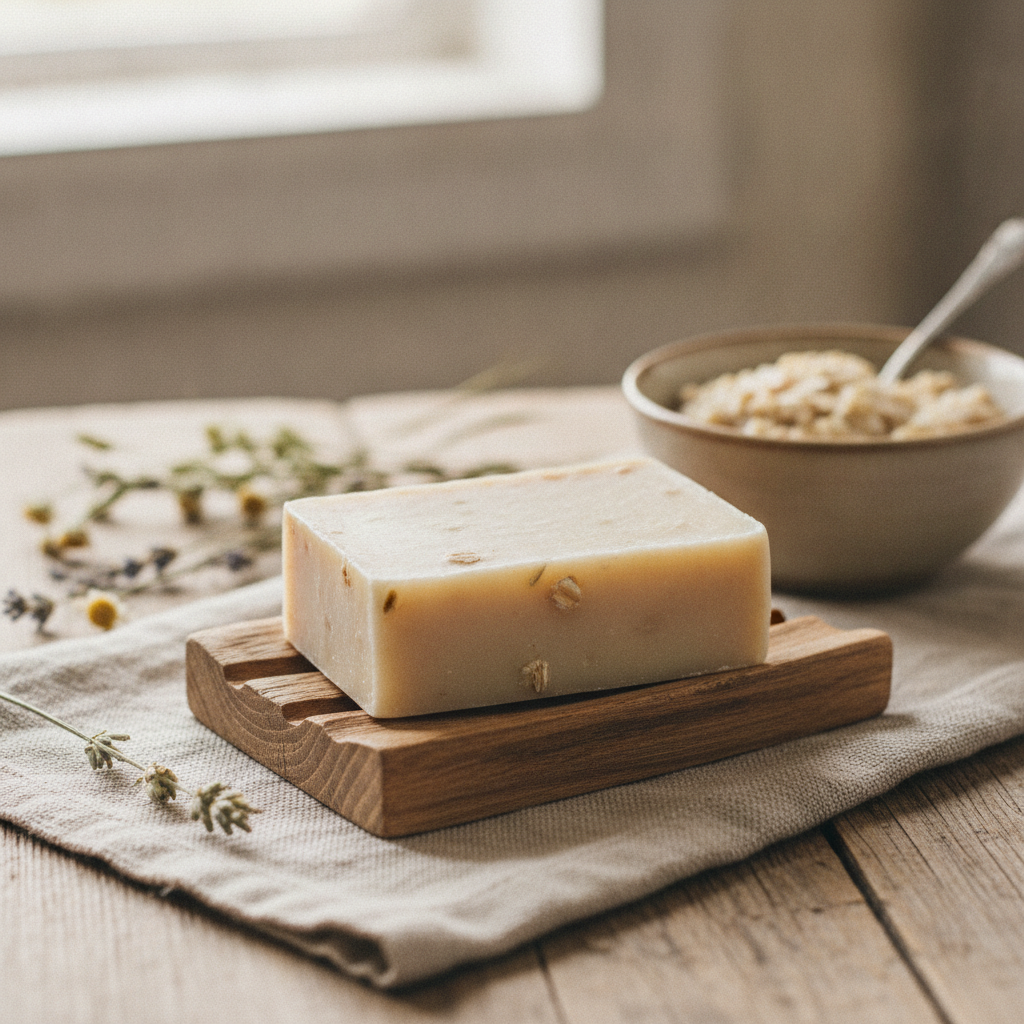 Sabonete artesanal hidratante de aveia, exibindo textura e pedaços de aveia, com ingredientes naturais ao redor.
