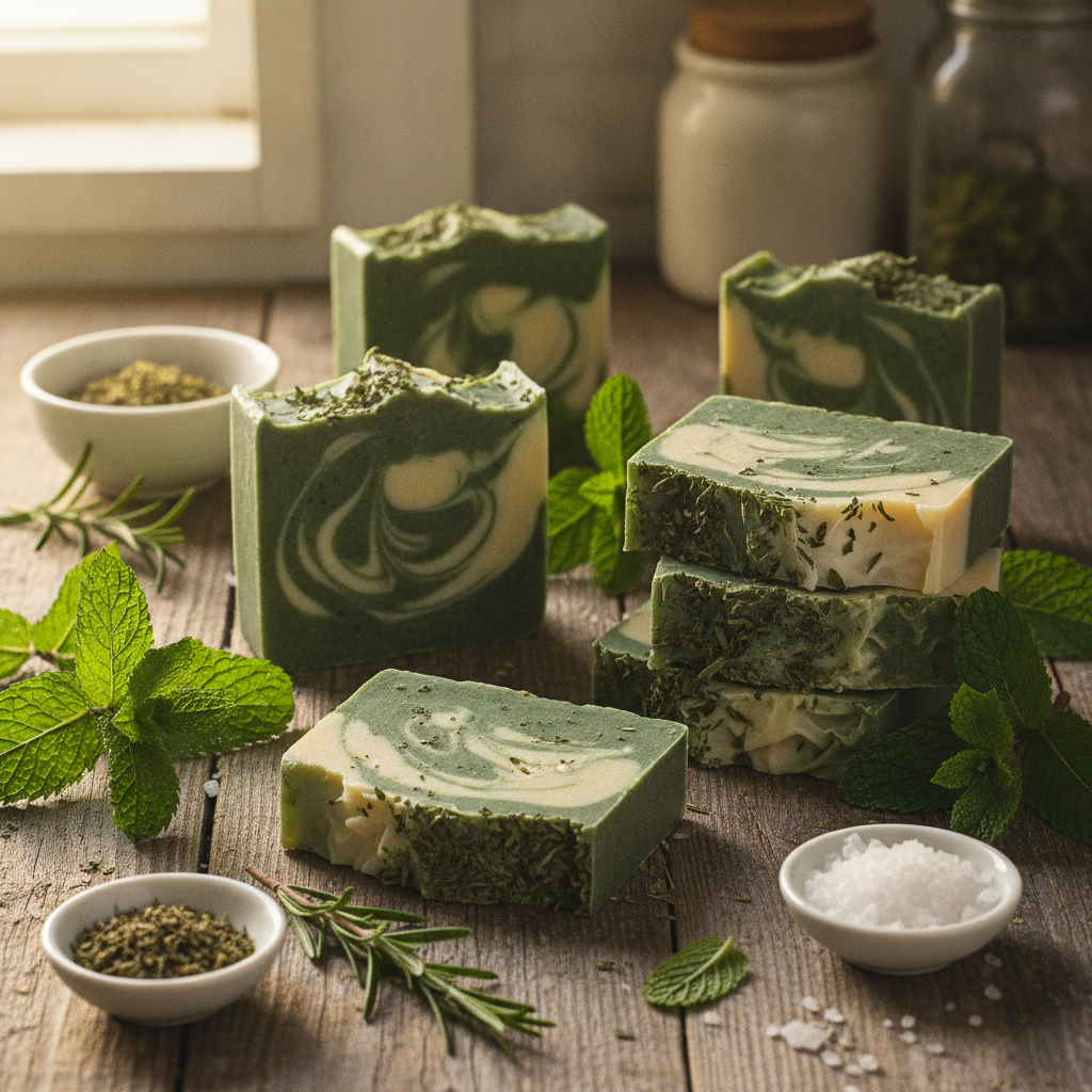 Sabonete artesanal de menta e alecrim, cortado e pronto para uso, com folhas frescas das plantas ao redor, transmitindo frescor e naturalidade.