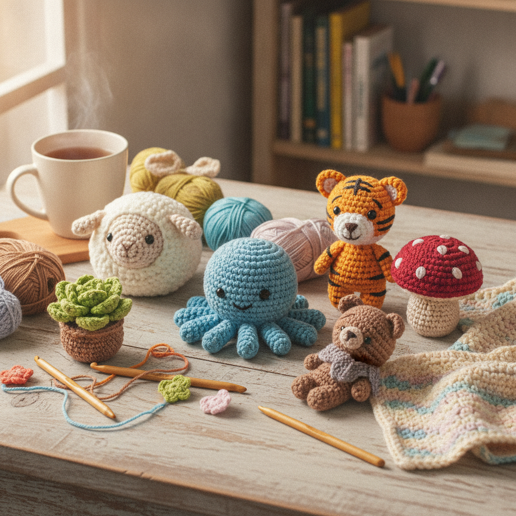 Diversos amigurumis coloridos e feitos à mão, dispostos em uma superfície de madeira.