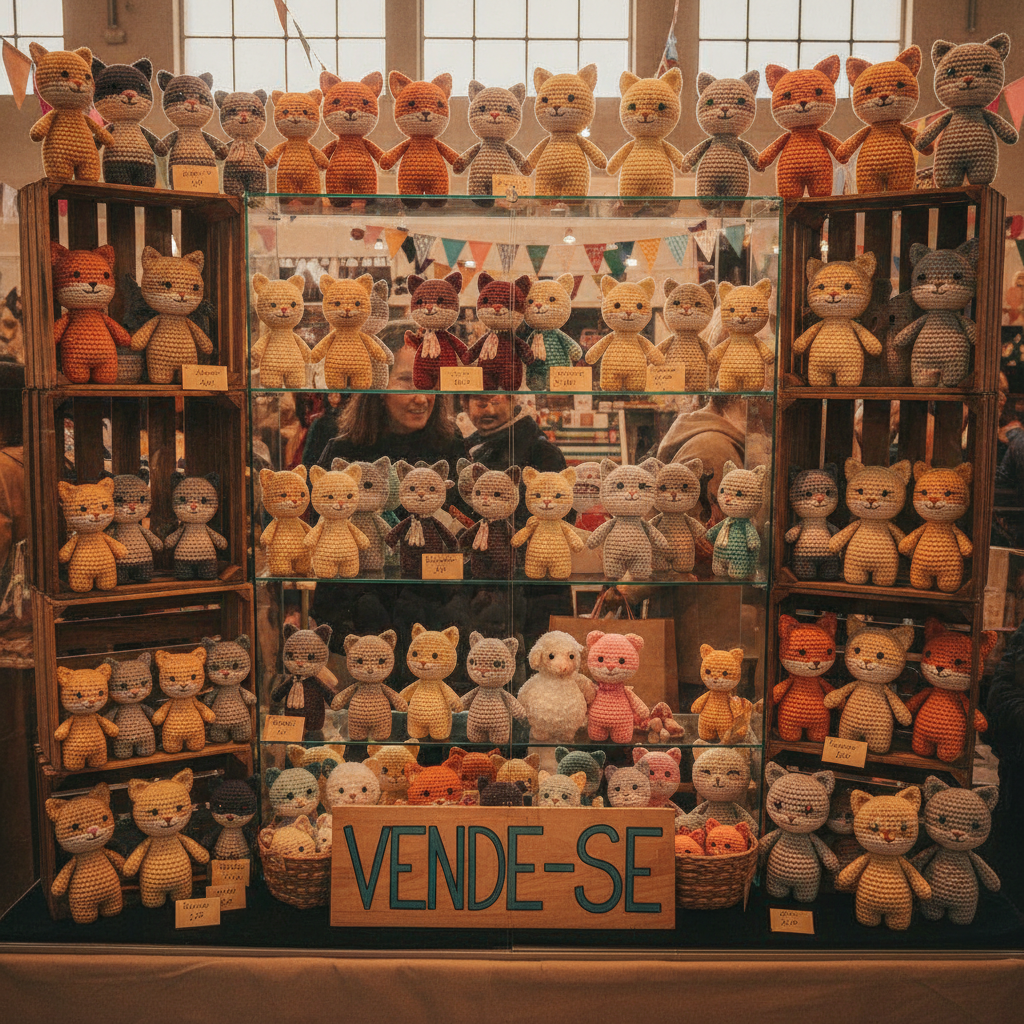 Amigurumis coloridos e bem feitos expostos para venda em uma feira de artesanato.