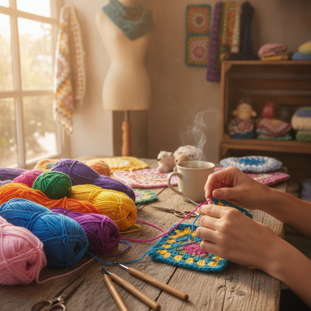 Mãos trabalhando com crochê, agulhas e fios coloridos, com peças artesanais finalizadas ao fundo.