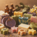 Sabonetes artesanais variados e coloridos, feitos em casa, com ingredientes naturais ao fundo.