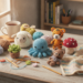 Diversos amigurumis coloridos e feitos à mão, dispostos em uma superfície de madeira.